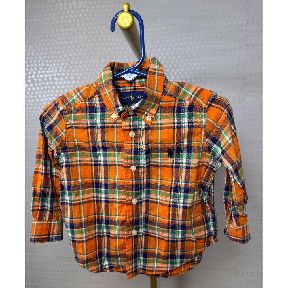 Ralph Lauren Baby Boys Orange Plaid Button Down Shirt 12M Long Sleeve Cotton